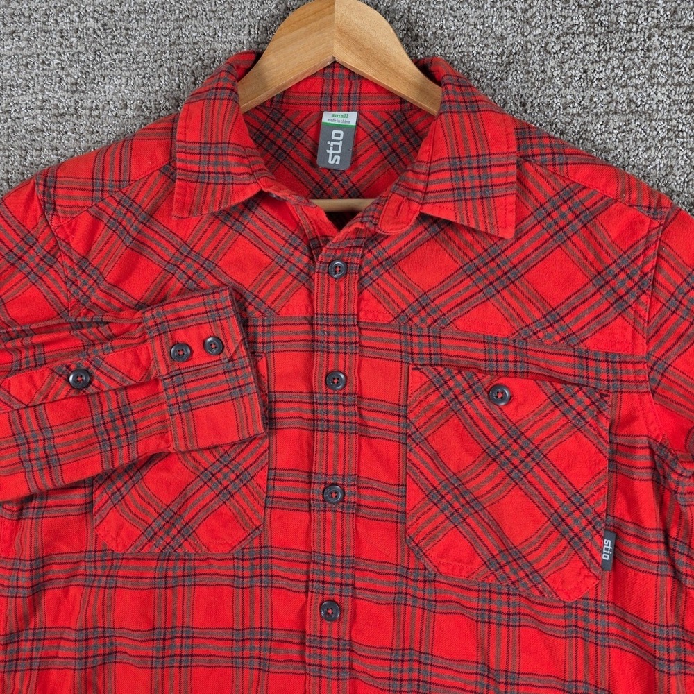 Stio‎ Mens Orange Plaid Flannel Long Sleeve Button Up Shirt Size Small